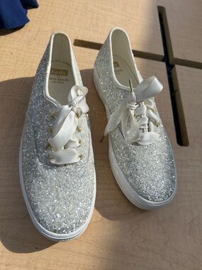 kate spade x Keds Glitter Satin Ribbon Sneakers - Silver White platform
